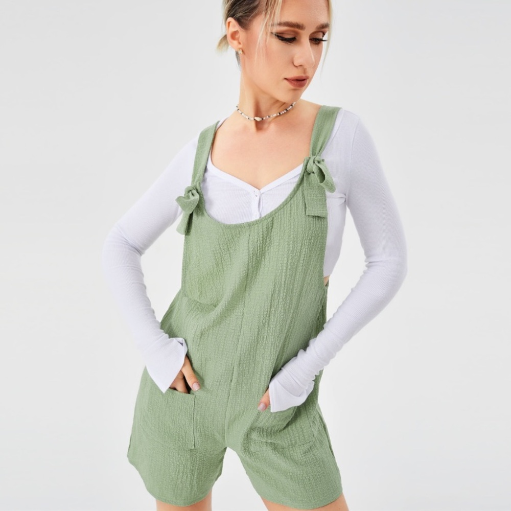Pink Lily Green Knot Strap Romper Shortalls Size Medium